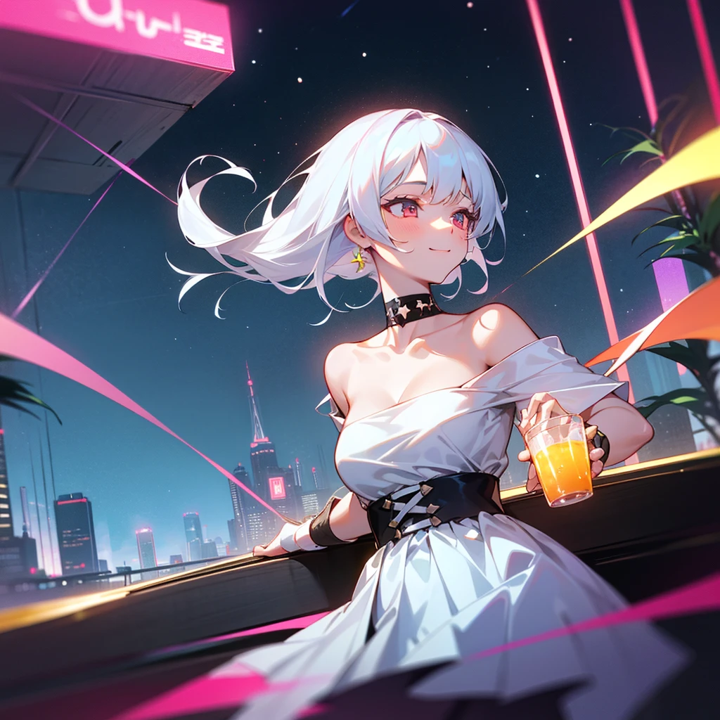 detailed, aesthetic, beautiful, beautiful color, amazing quality, best quality, futuristic city, neo lights, sci-fi, night, 1girl, white hair, blue eyes, translucent dress, solo, long hair, smoking, beer