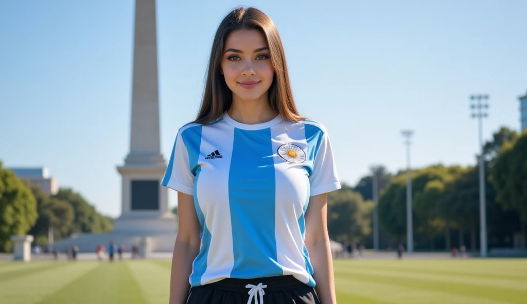 1girl in, 30 years old, Square face, Long hair, Looking at the viewer, jewelry, Realistic, Sexy, soccer team outfit, field background - stadium - stands, freestyle pose