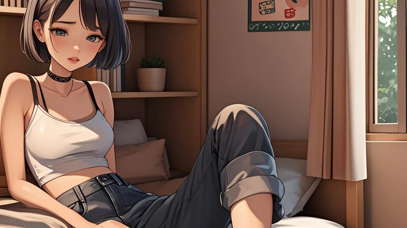 Perfect contours、(perfect hands)、(perfect fingerasterpiece、Highest image quality、8K、The moment my lover caused a miracle, great visual depiction, professional effects woman, full body, full body photo of woman、(two perfect legs)、big red eyes、black hair、short hair、(Two red hairpins)、13 years old、1 female、red face、shyly、(Wearing headphones)、Wearing a red long sleeved T-shirt、sitting on the sofa、There are several books on the desk、It&#39;s night outside、it&#39;s raining, colored inner hair, mole under eye, anatomically correct, super detail, high details