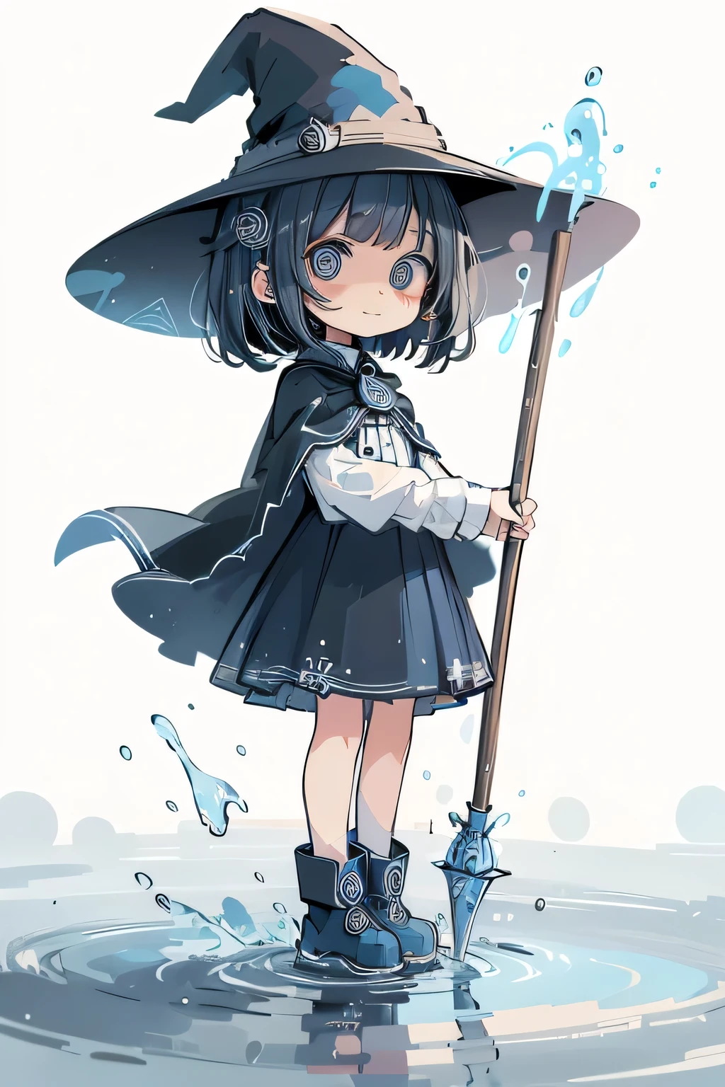(masterpiece, best quality, chibi style, simple lines, clean white background),
cute young witch girl standing on water surface,
short bob cut black hair, big round black eyes,
wearing blue witch hat, blue cape, blue dress, and blue boots,
holding a wooden staff with a blue gem at the top,
casting water magic, water droplets and splashes floating around her,
friendly and cheerful expression, flat colors, soft shading