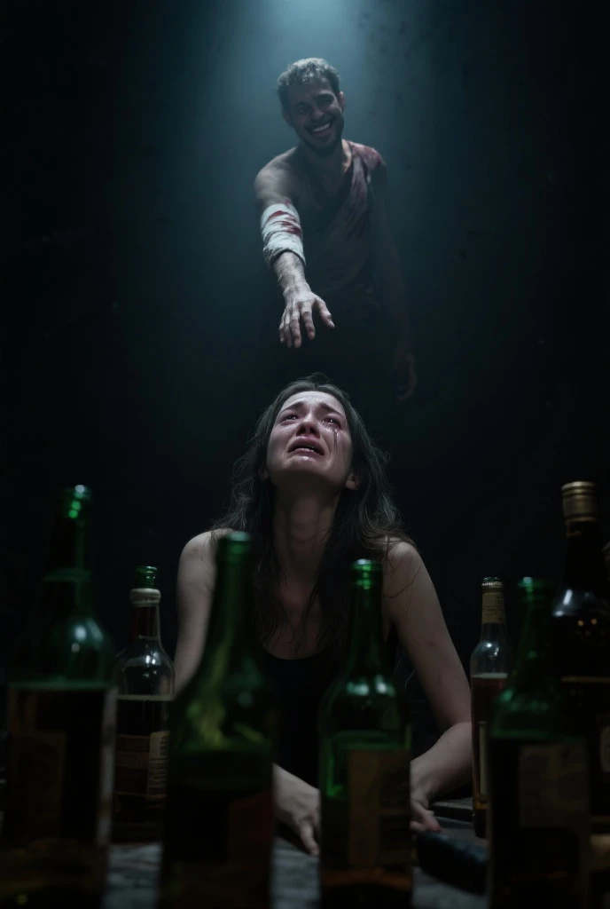 dark fantasy, young people at parties Happy drinking and happy, among them macabre shadows take over the entire scene one of the shadows highlighted eats the flesh of the teenager who is on the floor rejoicing