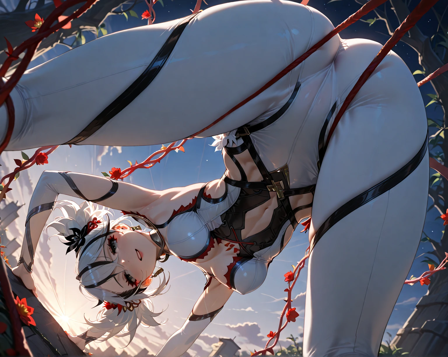 A Female robot is sleeping in forest, spread legs, nude, banzai pose. she wears no dress. She Brown short hair is tied with two big red clothespins, She lifts up the under hem of her white plain dress, leaning over, masterpiece, very short pigtails,brown hair, mature, android, blue eyes, full body figure, Height: 160cm, flushed cheeks, 2020s anime picture, A beautiful robot with short brown hair in two short pigtails held up by two very large huge red clothespins, Uplifting, No NSFW, whole body, barefoot, archaic smile, getting orgasm, 25 years old, sweat bucket. She can move while doing a handstand.