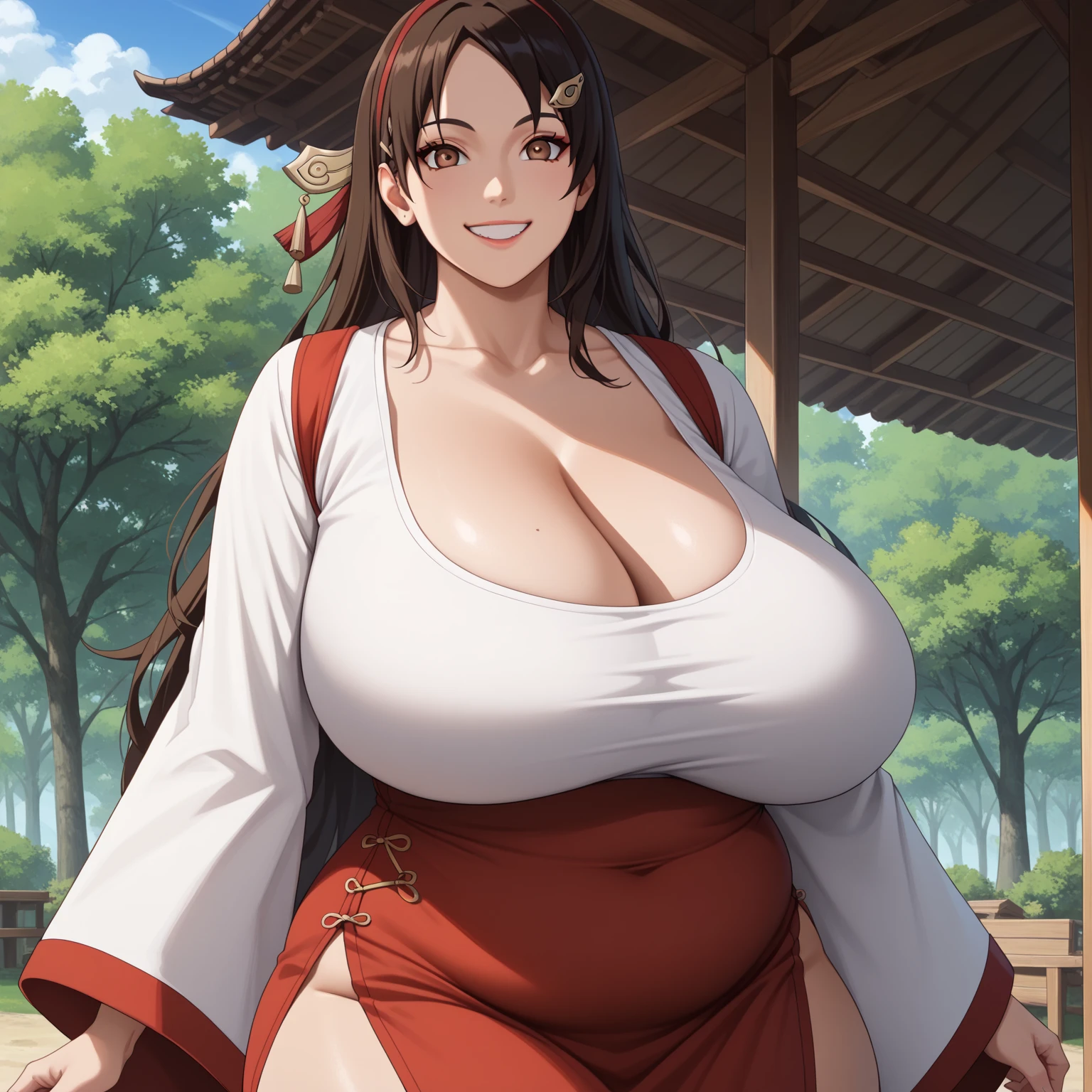 (((a busty naked woman with big breasts and pubic hair))), mature female, standing, forest, smiling, with detailed face and hands, sweating, (best quality,highres,masterpiece:1.2),ultra-detailed,(,photo-realistic:1.37),HDR,UHD, Looking at viewer, busty slut