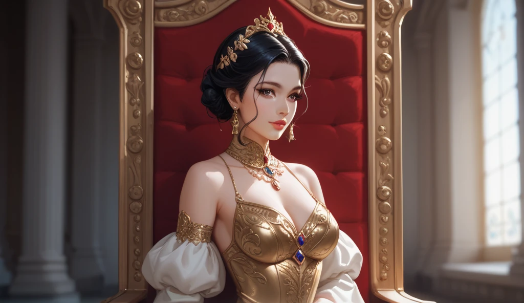 girl, queen, beautiful, slender, sexy, big elastic breasts, makeup, crown, earrings, necklace, expensive luxurious chic royal dress, neckline, deep neckline, on the throne,