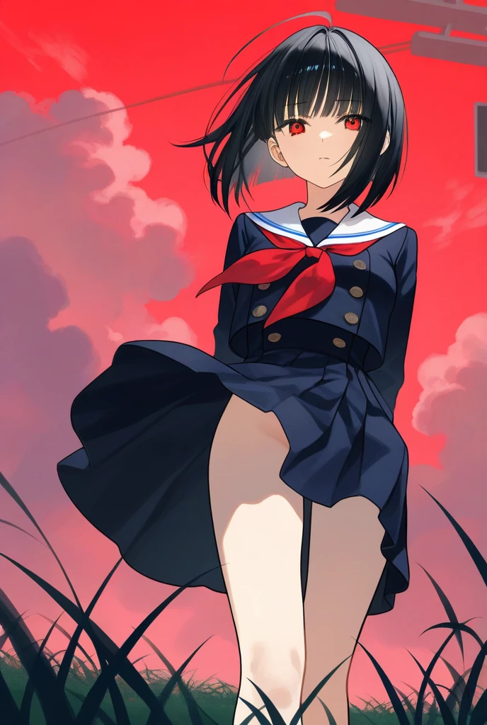 Anime Style Masterpiece, sole character, cute appearance, intricately detailed design, vivid colors, expressive facial features, realistic shading, high-definition texture, refined lines, captivating expression, theme, black knee socks, pristine school uniform, meticulously rendered background, envisioned in the anime art style of renowned artists, such as Hayao Miyazaki or Makoto Shinkai, showcasing the quintessential charm and elegance of anime aesthetics.