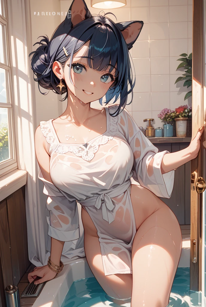 1girl in,Navy blue bob hair,Navy green eyes,Cute,blush,girlfriend,medium breasts, Underwear is visible, roomwear