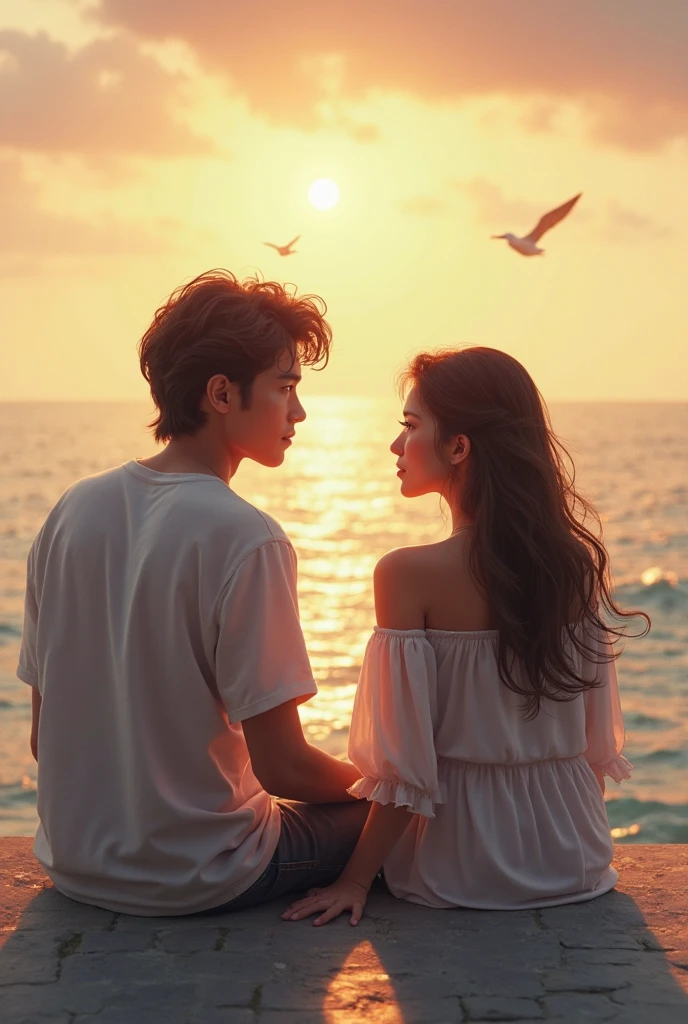 setting sun,hilltop,couple,moon full,the ocean