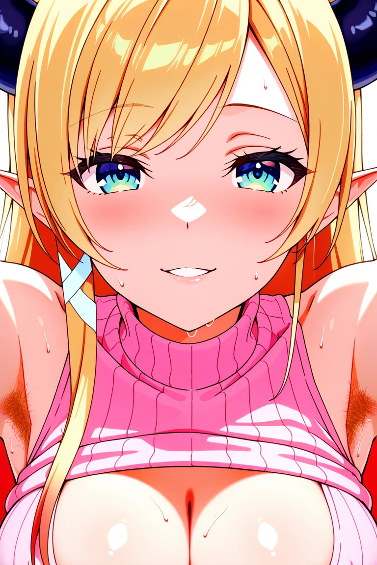 red bikini, , outside, open mouth, smiling, daylight, short, small, pointy ears, blonde hair, dodoco, spread legs