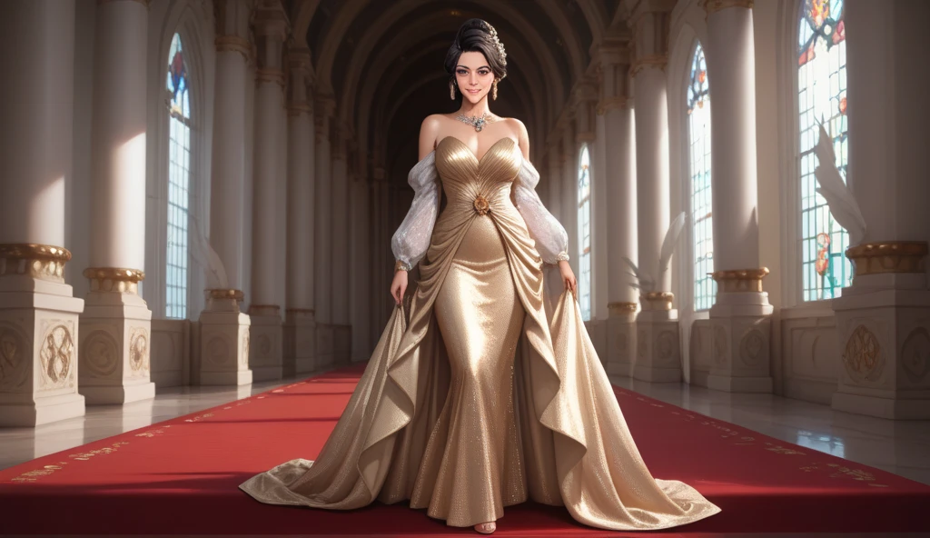 masterpiece:1.5, best quality:1.5, aesthetic, 1girl, sidelocks, cinematic lighting, sharp focus,large breasts , mature female ,16k, glowing eyes, detailed 4k eyes,
playground,seduction,sexy lips, parted lips,detailed lips,
red lips, high detailed background, purple eyes, detailed face,shiny skin,solo
AuntJune, auntjunev2,single hair bun, brown hair, bangs, 
, (black and golden wedding dress:1.6),jewelry, blush,,large breasts, cleavage,full body, long dress, flowers, bridal veil, (bridal gown:1.5),wedding, (golden viel),necklace, long earrings, wedding hall, multiple girls, multiple boys, 
