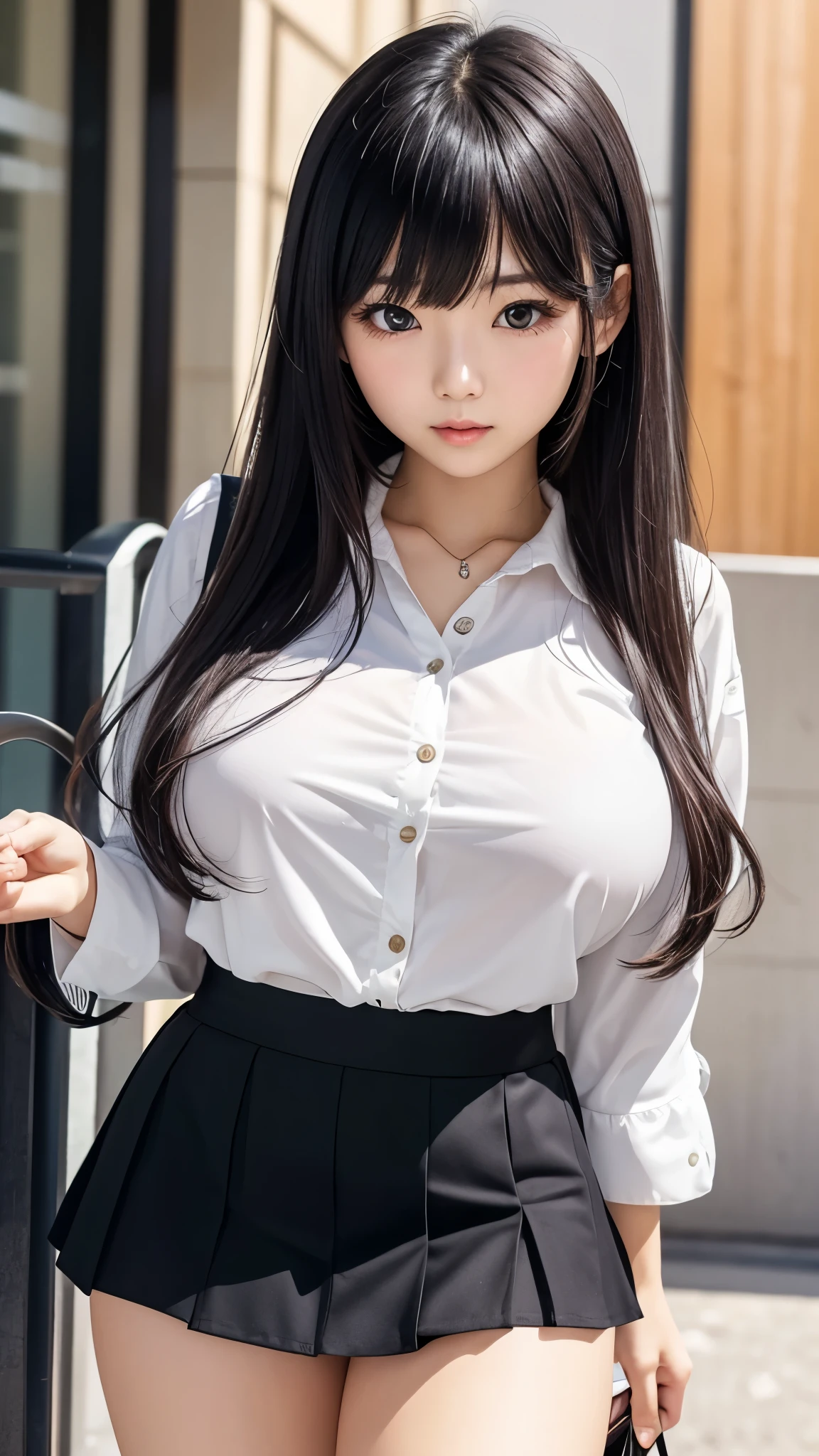 Detailed face、highlight、Asian Girl、thigh、Tabletop、breast enhancement、Bodyline、Black Hair、Heavy bangs、Checkered Skirt、White blouse、Support your chest with your hands、