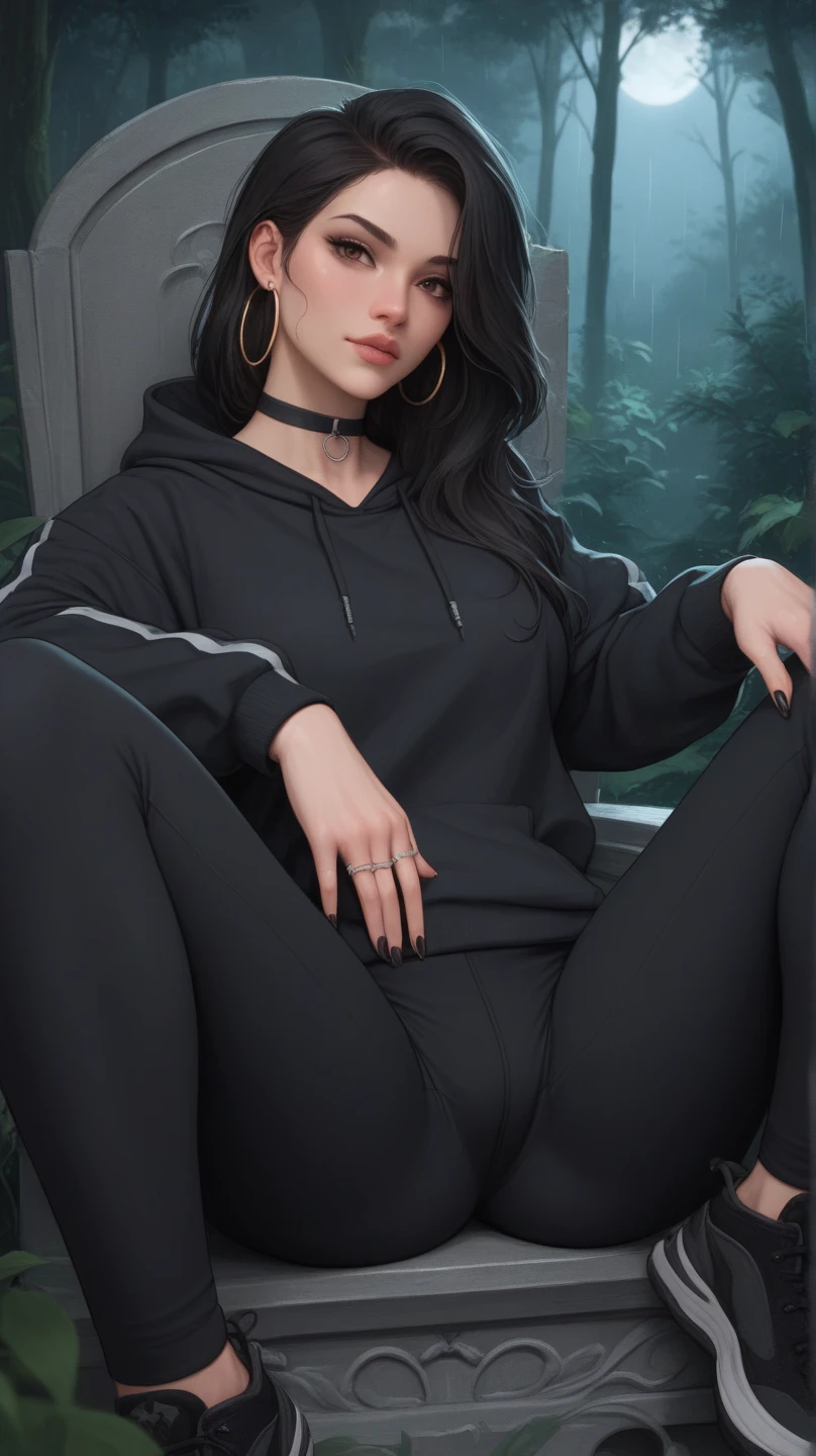 (((in the dark, in the dim deep mountain pass, looking away, round face))), ((eccentric pose, showing off her pubic hair)), wide spread legs, hoodie, sneakers,