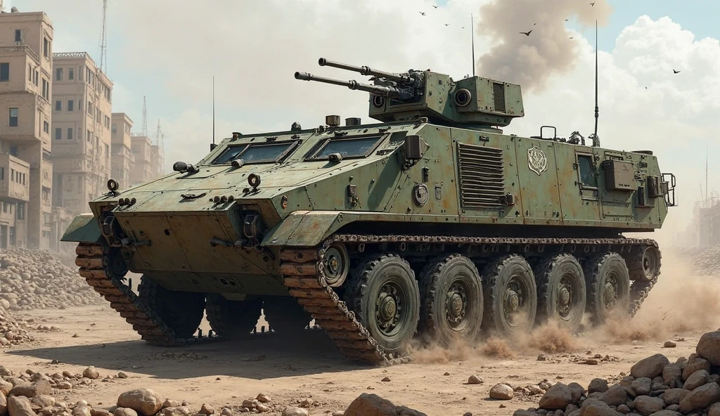 WWII German Half-track、Shallow depth of field、(masterpiece:1.3) (最high quality:1.2) (high quality:1.1)、Cinematic Light, ((Cinema Lighting),(Natural light),(High level of artistry),(artistic),(Genuineと見分けがつかない品質),RAW Photos,Genuine,Genuine,High resolution,RAW Photos,masterpiece, beautiful,Roof hatch and roof mounted machine gun.Heavily armed, Heavy Armor, Military Vehicles, Military weapons, Military equipment, Camouflage,desert、caterpillar、crawler track、Caterpillar