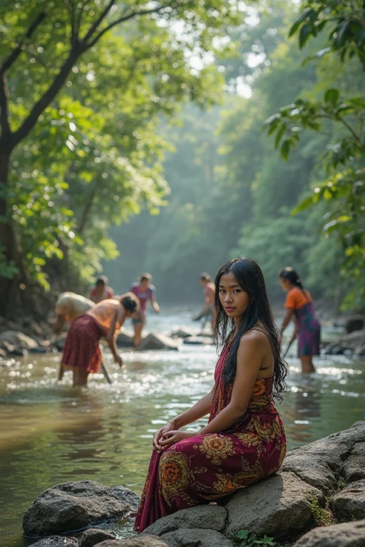 (best quality,4k,highres,masterpiece:1.2),ultra-detailed,(realistic,photorealistic,photo-realistic:1.37), HDR, UHD, An (extremely beautiful Vietnamese woman age: 18, hourglass figure, blessed proportions, dressed appropriate for the setting) is relaxing in a hot spring with her lady friends(they are helping scrub one another and playfully flirting), she is near an rural Vietnamese village with many other women nearby. (Show her entire body, show her from head to toe, full body shot)