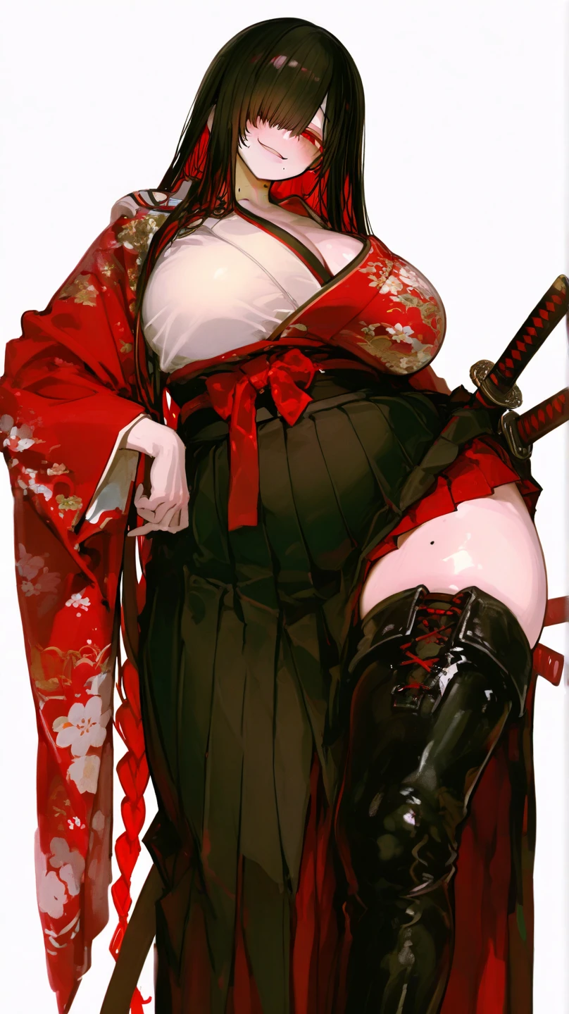 1 full length girl standing, good ass, maid of honor, Hairstyle with a white braid, white hair, blind, perfect lighting, muscular, thighs, mature woman, Mummy, belly button, ABS, look at the viewer (masterpiece, high quality: 1.1) smile, Extremely huge breasts, maternal, Porcelain skin, Extra long hair, shiny skin, good face, oni horns