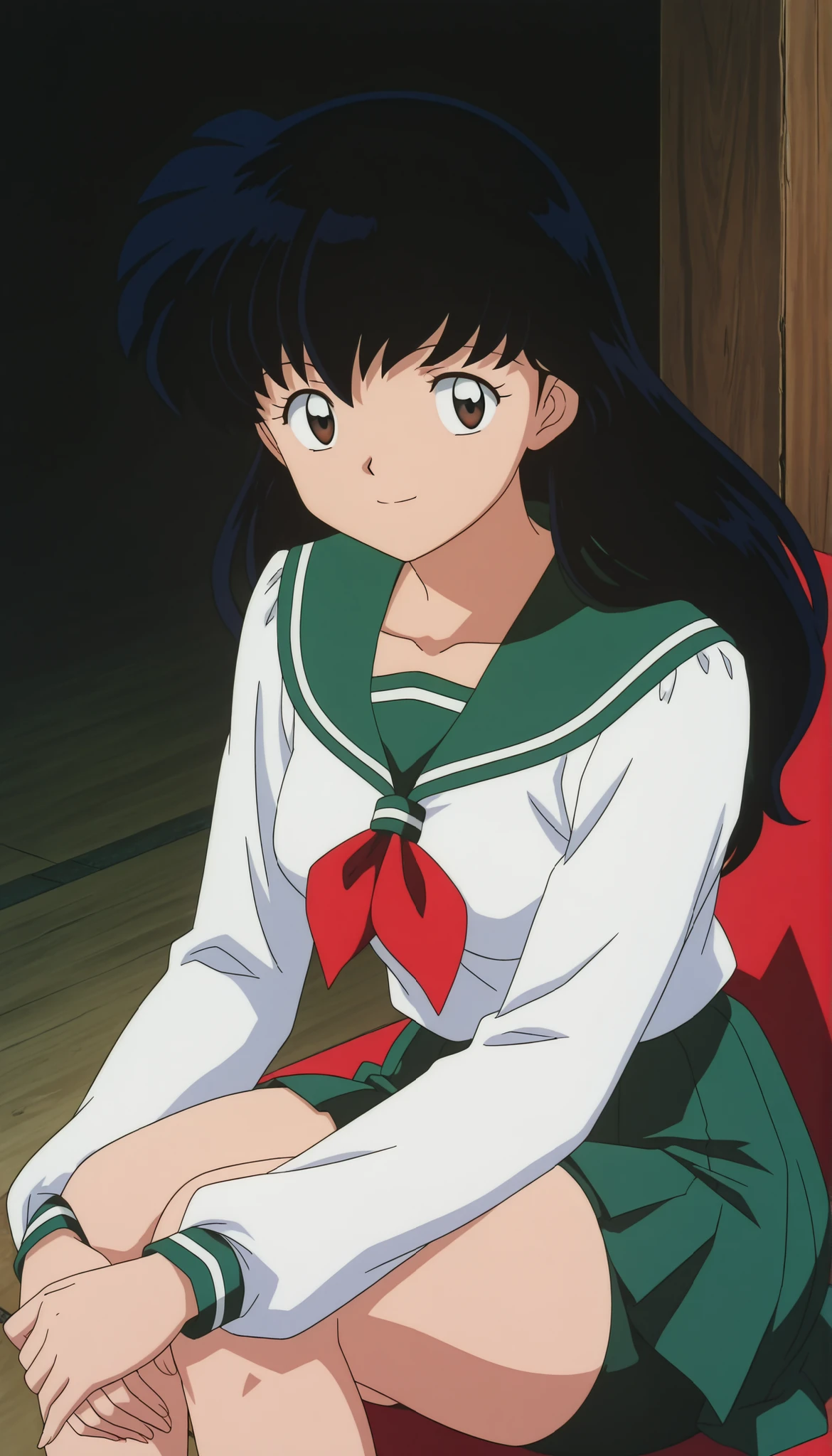 masterpiece, best quality, very detailed, masterpiece, best quality, eyelashes, (Beautiful Eyes), cowboy shot
Higurashi Kagome, black hair , brown eyes ,
uniform , long sleeve , green tights Spandex , green skirt , red neckerchief , , ,
solo ,anime, Official Illustration , medium Breasts, smile, happy, medium Breasts,
Raise your hand, soft thighs , sitting, hugging knees, thicc thighs , from below