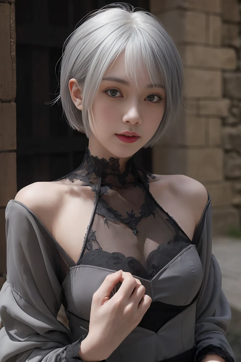 ((wallpaper 8k)), ((Surreal)), ((Quality in every detail:1.2)), 1 girl, 14talent、Kind eyes、Fuller lips、Grey Hair、Malaise、(((Small breasts、Small breasts、Areola:1.1、、black elegant dress,Black capelet, look up, Widespread poverty, Shortcuts、Shorthair Twin Tails、Grey Hair:1.5、White skin、