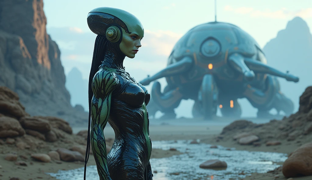 scifi, alien on alien planet, detailed kin, alien planet life, spaceships,(movie poster),(cinematic lighting),(breathtaking),(detailed textures),(high resolution),(render), gritty, ((photo realistic)), realistic color