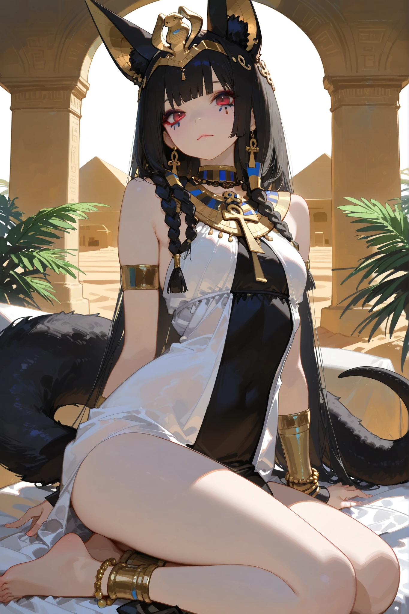 (High quality CT,4K,High resolution,main part:2.3),Very detailed,realistic:1.37,Best quality,masterpiece, high resolution,on_body, Tyndall effect,photorealistic, edge lighting, Two-color backlight,(high definition of skin:2.3), (8K UHD, DSLR quality, soft lighting, high quality, surround lighting, sincere, de 8K , 4k, 8K.) An Egyptian princess. A girl with an elegant slim build, a narrow waist, and small almost flat breasts. She has white skin with Egyptian tattoos. She has red eyes. She has Egyptian makeup: blue eye shadow, black Egyptian eyeliner. She has a black Egyptian square wig on her head, consisting of many braids decorated with gold beads. On her head she wears an Egyptian tiara with a snake and lotuses. She is wearing a white Egyptian tight Kalazaris dress. on her neck she has a wide collar consisting of many rows of gold beads made of colored Egyptian gold. She has ankh-shaped earrings in her jackal ears on her head. She has gold rings on each finger, and rows of gold bracelets on her wrists and ankles. She's barefoot. she has black tail with gold jewellery. IN the background: an Egyptian temple surrounded by an oasis.blooming palm trees, blooming tropical flowers. Egyptian pyramids, desert.