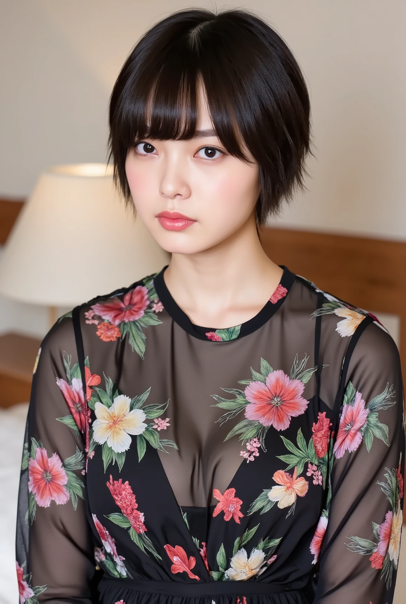 (( Highest Quality, 8K )), ((masterpiece)), ( details), Japanese, two-tone swimsuit ,1 girl on break day, Voluptuous women , sexy,( in the bedroom),((( abnormally large breasts , completely naked, beautiful breasts, short bob hair))), black hair , (( without makeup, small eyes))