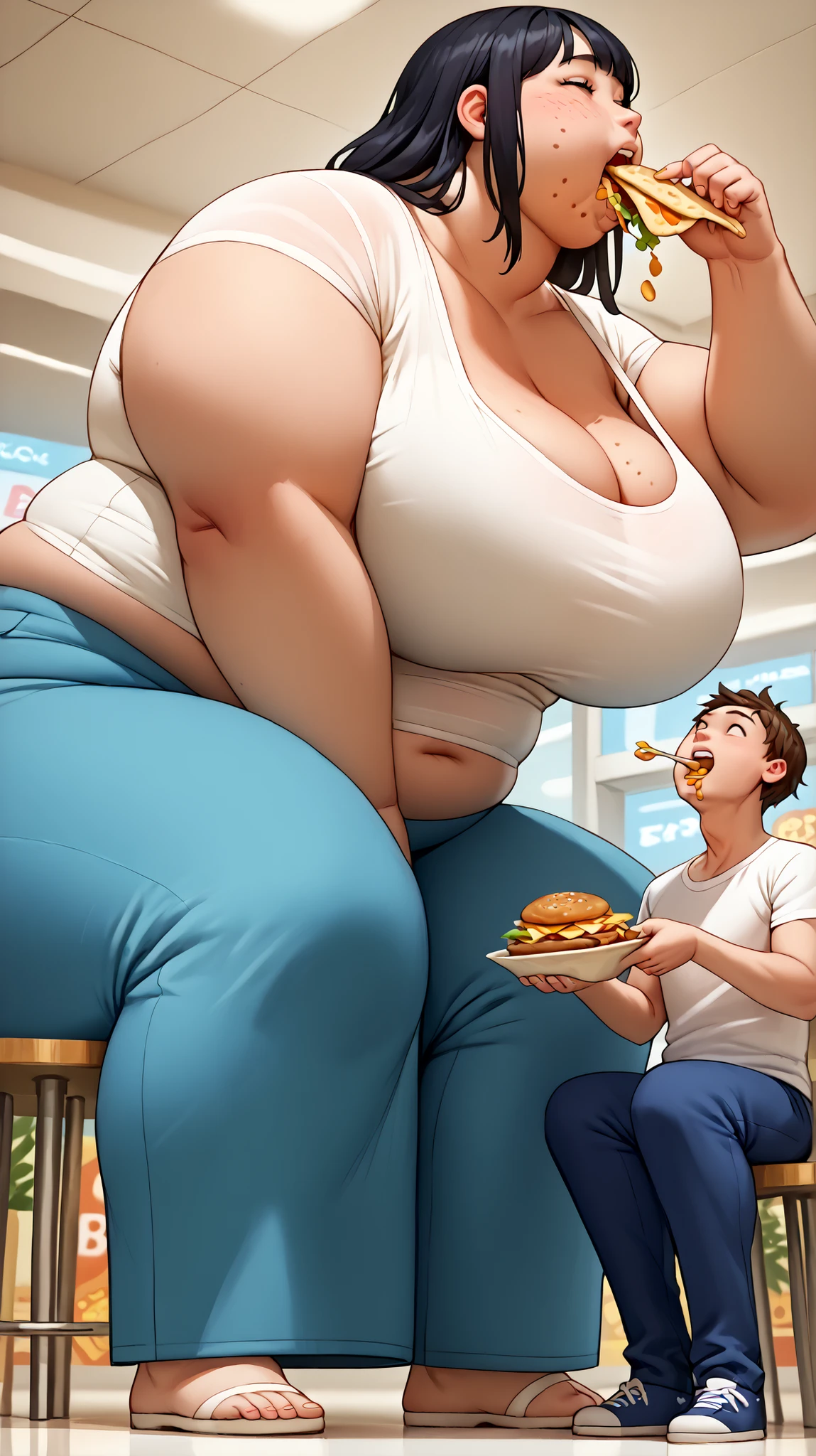 score_9, score_8_superior, score_7_superior, score_6_superior, sauce_anime, Low - Angle, From below, One girl, 1人のmaleの子, duo, big_female, small_male, size_difference, Sitting, Looking down, Look forward, obesity, ssbbw, break, Dominant, She eats a lot of food, Eat the food, Blonde, high school girl, bikini, Very large breasts, Very huge legs, Very huge ass, Very large body, excited