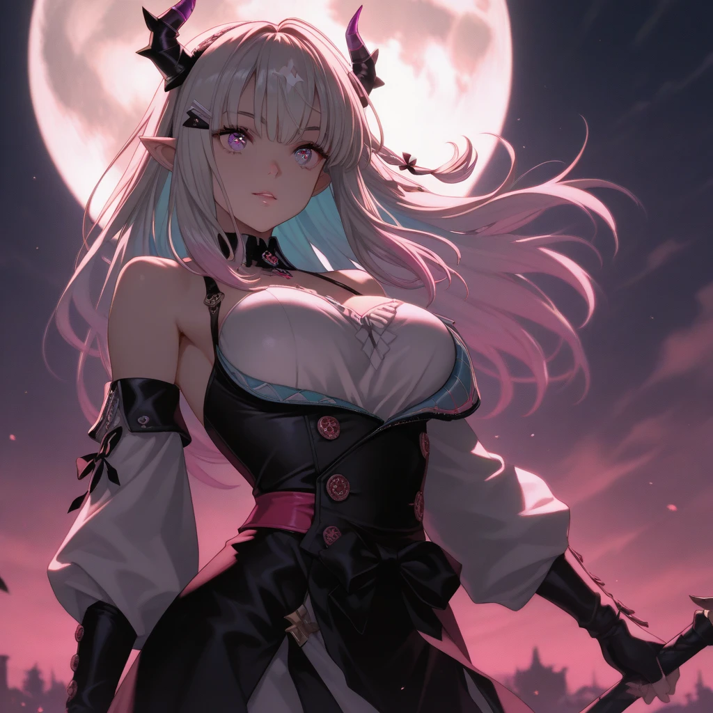 A female demon with elf ears and demon horns in the open air as the aggressive wind passes by carrying away the leaves and branches, um rosto maduro com um sorriso perverso e maligno dentes de vampiro, e corpo volumoso com seios e busto enormes, seios enormes, seios, Long silver hair with purple locks that dance with the wind ,(purple and yellow demonic eyes), ((Heterocromia)), widow's clothing, espada dupla, unhas grandes longas e pontiagudas. Bosque com natureza, brazi, arbustros, animais em lua cheia durante a noite, Moda realista, sysie high definition details, fotografia, perspicacity, unique 850 4, Koda850 k portrait camera, Primavera F1.6, cores ricas, Textura super realista, textura de luz espetacular, arte surreal, Cinestil 800 mecanismo de moda,