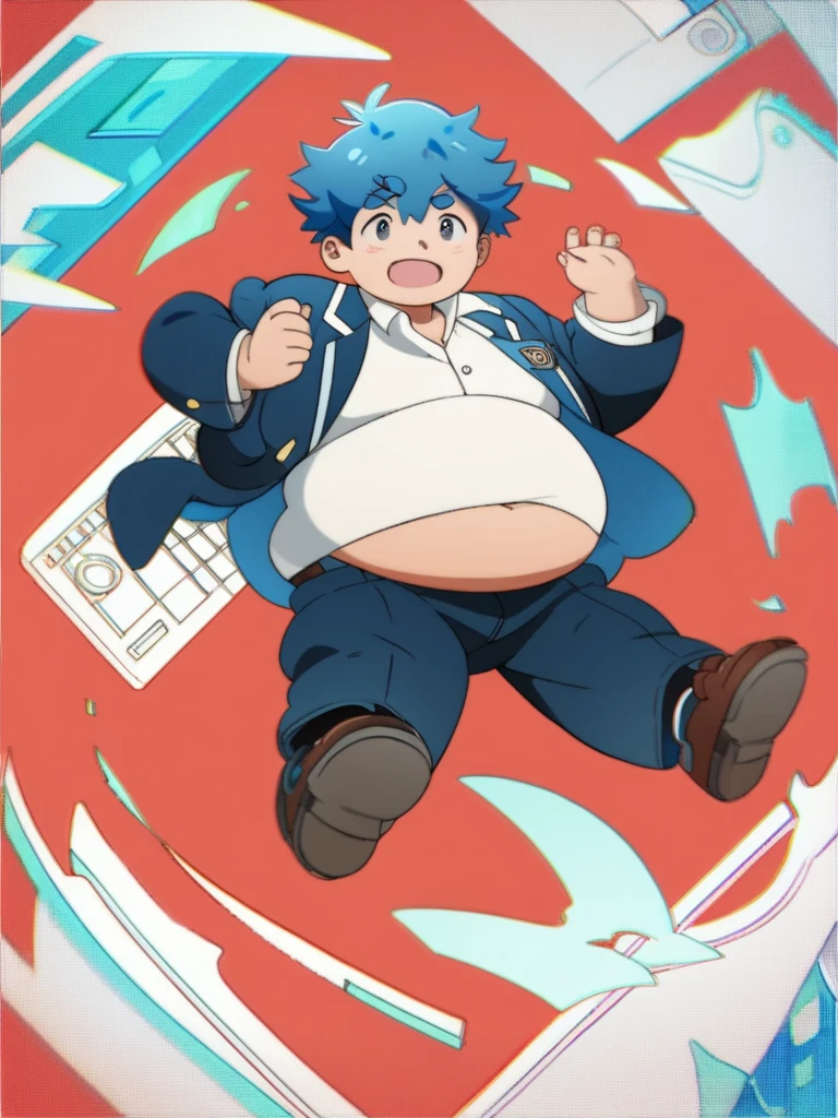 Full Body Blue, Body Noise-Sensing, as a computer folder, Wearing School Uniform, chubby , cute, with a big belly to reveal clothes, junior high school student, Fatty, No Glasses , With hair, Overweight, Big belly, anime style