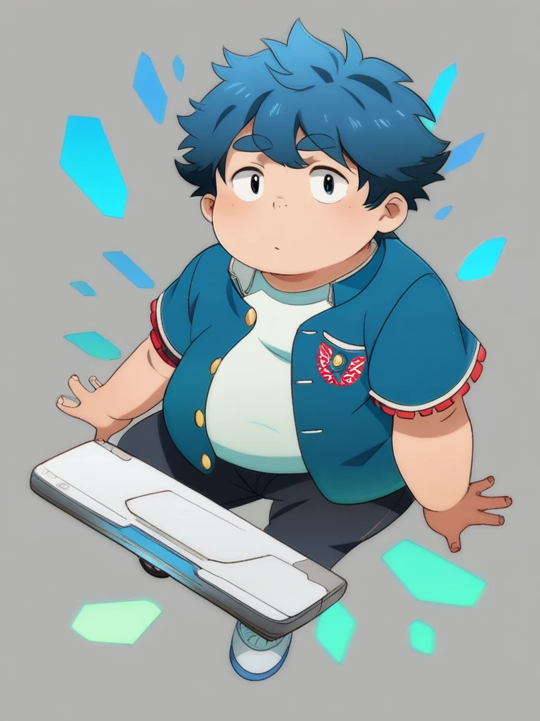 Full Body Blue, Body Noise-Sensing, as a computer folder, Wearing School Uniform, chubby , cute, with a big belly to reveal clothes, junior high school student, Fatty, No Glasses , With hair, Overweight, Big belly, anime style