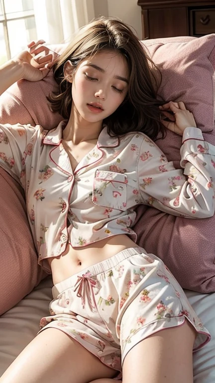 Sleeping girl, 22 years old, Realistic, She wears a short, She is wearing floral pajamas, short hair.Inside the camper