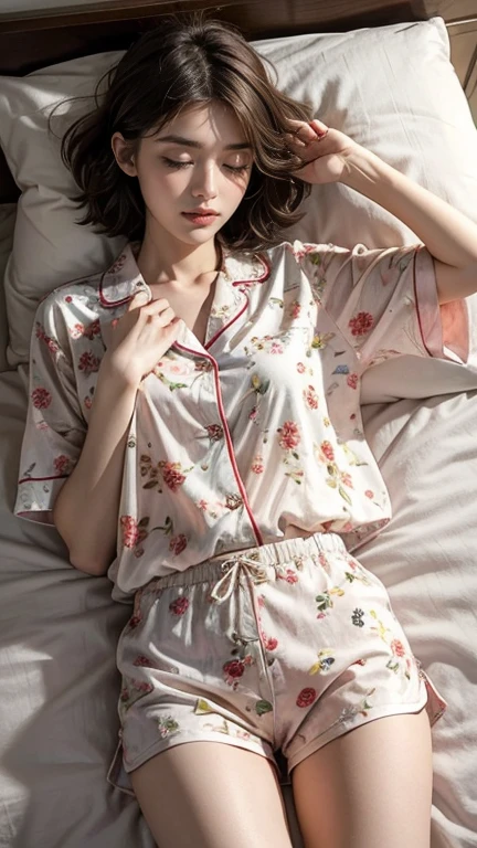Sleeping girl, 22 years old, Realistic, She wears a short, She is wearing floral pajamas, short hair.