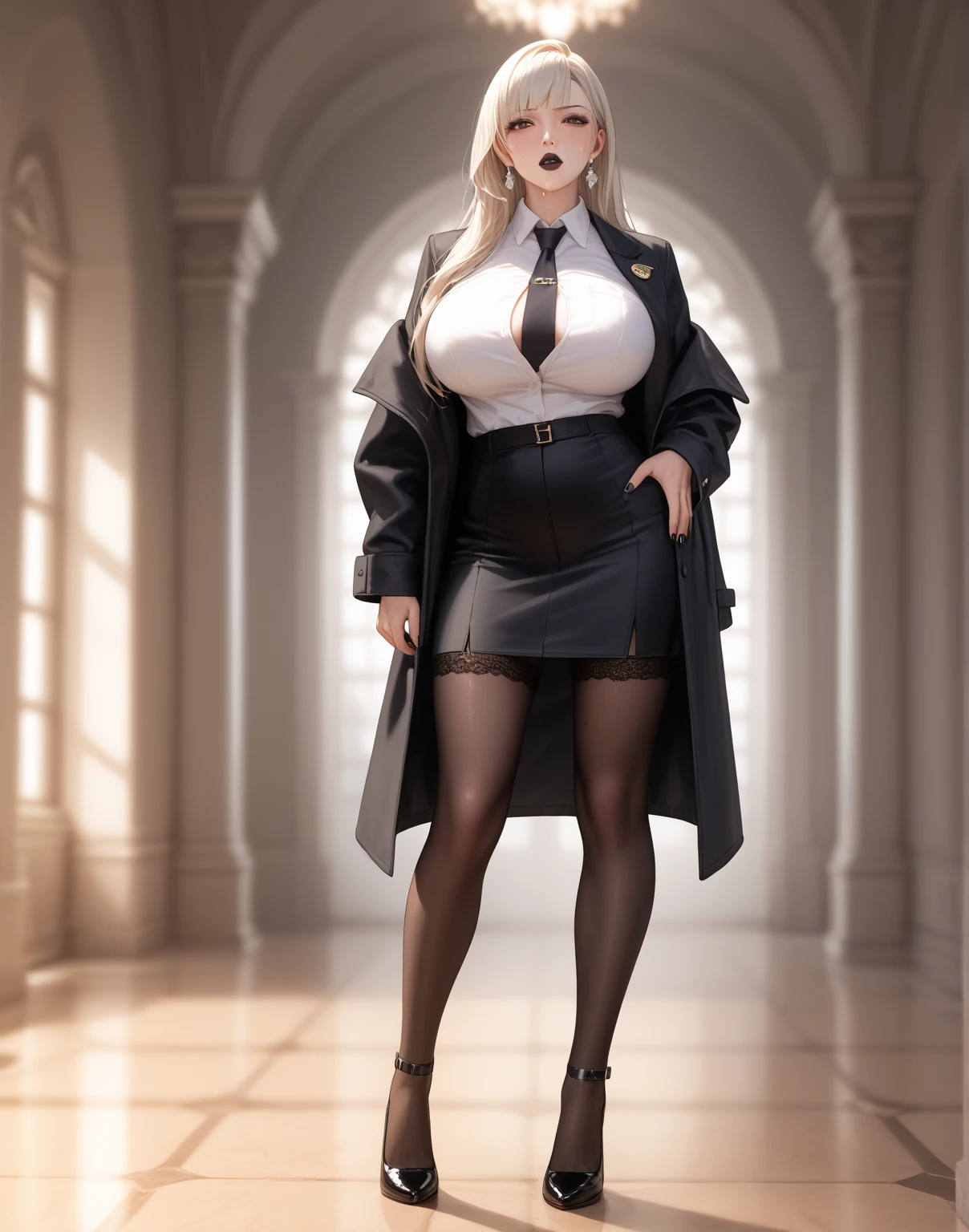 Long legs,blond,Blue eyes,high and cold,Tall,Slender,Delicate face,Black stockings.Black blazer,a black skirt,Red stiletto heels,huge tit,Married Woman,A MILF.城市,Oriental women