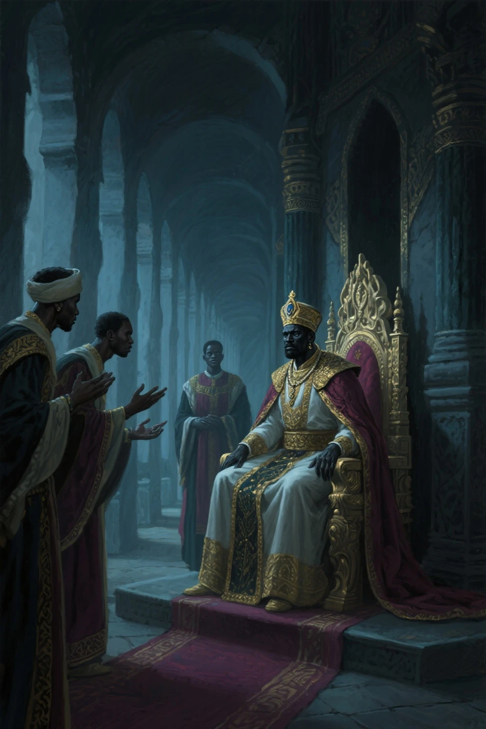 An art illustration sketch of A Yoruba king holding meeting with his chiefs sitting in three in the front of the king left and another on the right in the Yoruba palace,