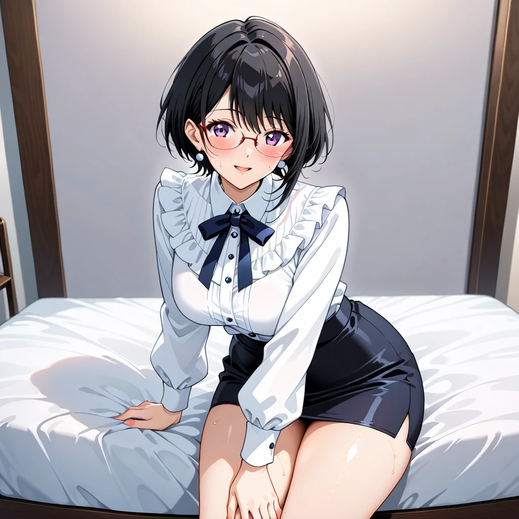 (8K、top-quality、​masterpiece:1.2)、(realisitic、ultra-detailliert、超A high resolution、1 girl,28years,beautifull detailed face,perfect body,((layered hair,long black hair)),((daytime)),Constriction、(Slim waist :1.3)、Beautiful detailed skin、Skin Texture、Floating hair、((daylight)),((office lady,business suits:1.0,dress shirt,tight skirt,yokozuwari + sitting,on bed,wearing red glasses,cleavage,skirt lift,panty)),in full face blush,((daytime))((upper body shot))