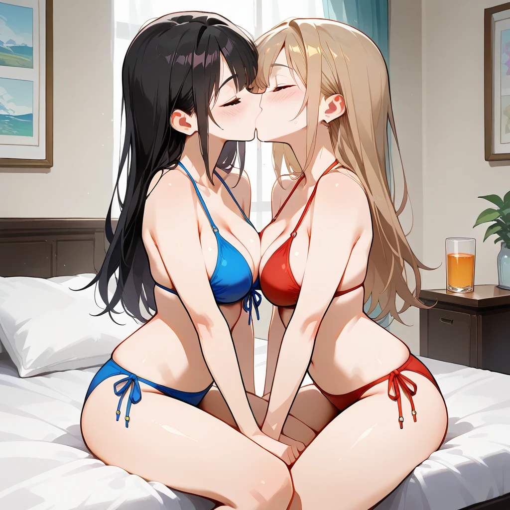 puntaje_9_arriba, puntaje_8_arriba, puntaje_7_arriba, con pecho mediano, parado derecho,mirando al espectador, seductor_pose,,(((quadruple amputee))),human-onahole, (((legsless, armsless:1.7))),sitting on bed,(dragon girl),bed, detailed background,sitting on bed,micro bikini,side view,black bikini,2 girls,lesbians,kissing