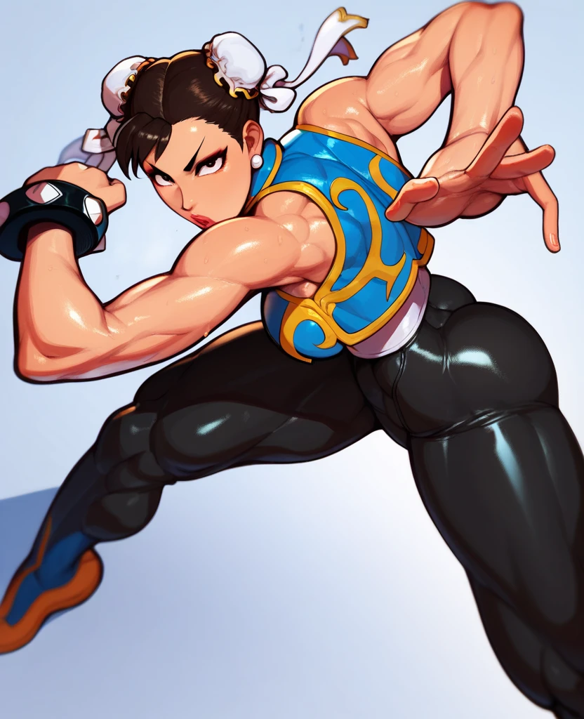 Masterpiece, Best Quality, ultra high resolution, CHUNLIAL, brown eyes, double bun, yellow ribbon, blue bodysuit, crop top, sleeveless, hermosa, culo enorme, muslos grandes, cuerpo perfecto, detallado, mojada, erotica, sexy, vista de atras