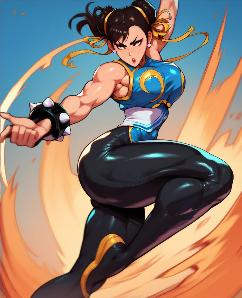 masterpiece, beautiful, 1girl, Chun li, street fighter, boots, bracelet, brown eyes, brown hair, brown pantyhose, bun cover, blue china dress, chinese clothes. cross-laced footwear, double bun, dress, fighting stance, full body, hair bun, jewelry, pantyhose, pelvic curtain, sash, short hair, solo, spiked bracelet, spikes, blue dress,