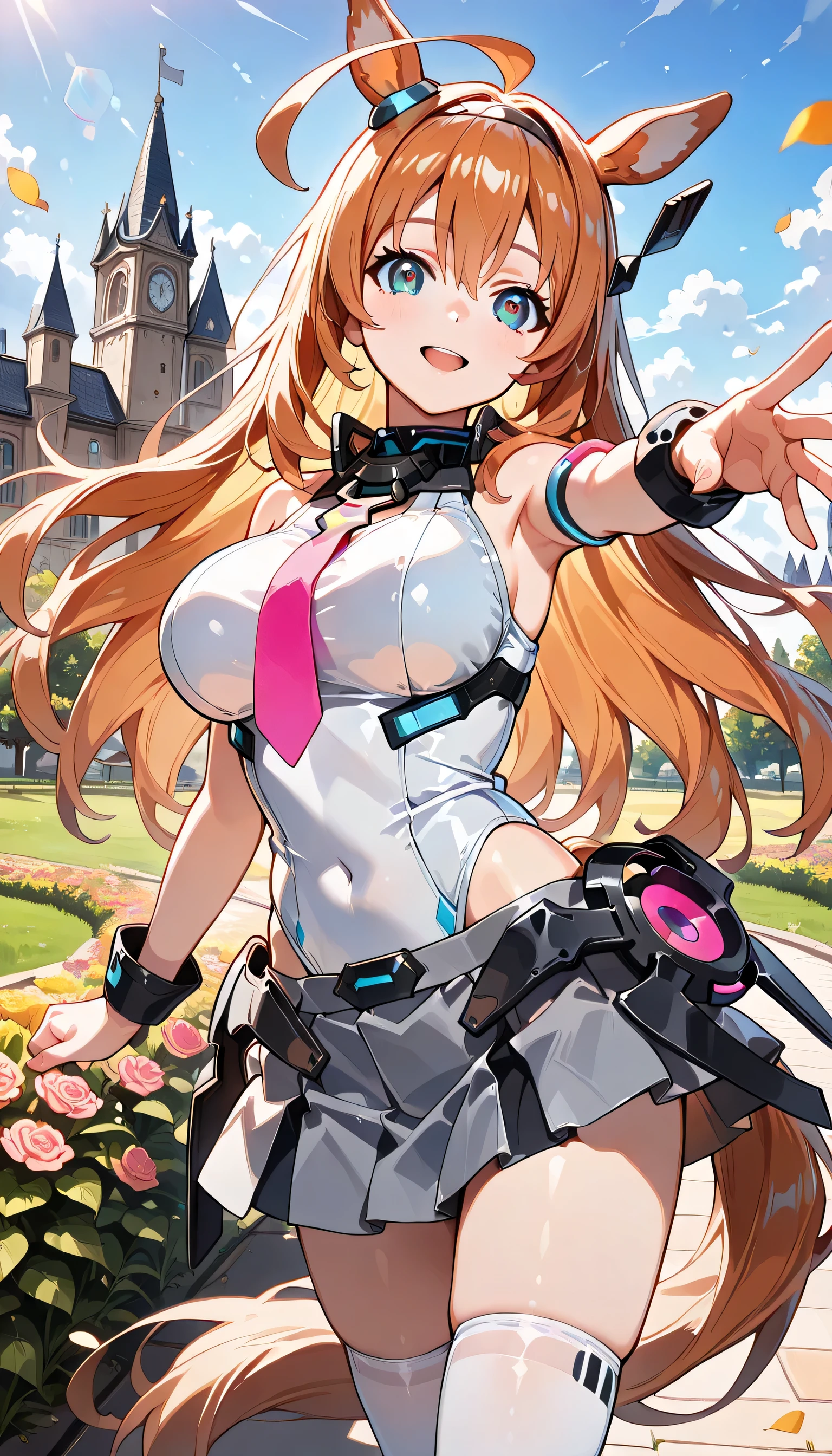 ((ultra-detailed)), (highly detailed CG illustration), (best quality:1.2), ultra-highly detailed, colorful composition, artistic photoshoot, 1girl, solo focus, thigh to top, cowboy shot, moe anime character, girl, dainty facial structure, baby face, round face, rounded chin:1.2, ideal ratio body proportions, ample breasts, Mihono Bourbon, Ahohair, Gray Hairband, Animal Ears, Earrings, Horse Tail White Leotard, Pink Tie, Sleeveless, Gray Skirt, White Knee Sock, outstretched arm, outdoor, petals glowing and fluttering, best quality, masterpiece, standing by the victorian garden with flowers, castle, beautiful detailed sky, from front, dynamic pose, contrapposto pose, expecting, pink cheek, blush, light pink gloss slip, portrait, depth of field, soft lighting, sidelighting, shine, lighting, caustics, ray tracing, perfect face, lustrous skin, highly detailed face, highly detailed eyes, perfect face, perfect nose, perfect hair, perfect eyes, perfect anatomy, beautiful hair, beautiful small face, extremely detailed face, beautiful detailed eyes, beautiful clavicle, beautiful body, beautiful huge breasts, leavage, breasts squeezed together, equalize the size of the left and right breasts, beautiful thin thighs, beautiful legs, beautiful fingers, 4 fingers, 1 thumb, lovely, (very detailed background:1.0), (highly detailed background:1.0), spring aesthetic, intricate details, joyful atmosphere, spring colors palette, chromatic aberration