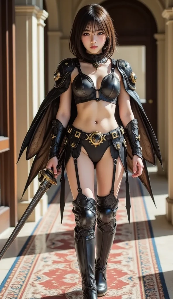 Professional , ​masterpiece、top-quality、photos realistic , depth of fields 、（Dragon Black Metal Body:1.９),(Matte Blue Black、(Night World)、（cleavage of the breast）、Dragon Gold Weapon、（Micro Bikini Armor:1.４),Gorgeous gold weapons ,（Fight dragons）、Seductive look、（（ Dragon's dense and gorgeous sword）） , （demonic wings）   ,Detail and gorgeous crown、（（a blond））、（Castle background）、（（Gangle's forest background））、Beautiful Caucasian beauty、１a person、dynamic ungle,(((Detailed and ornate dragon helmet)))、Smaller head、A smile、Castle background、Thin and beautiful female hands、cleavage of the breast、Soldier in iron armor on background、Mystical expression、Light Effects、intense fighting、Wind-effect、magic circles、With the legendary magic wand、Dragon's tail、explosions、
