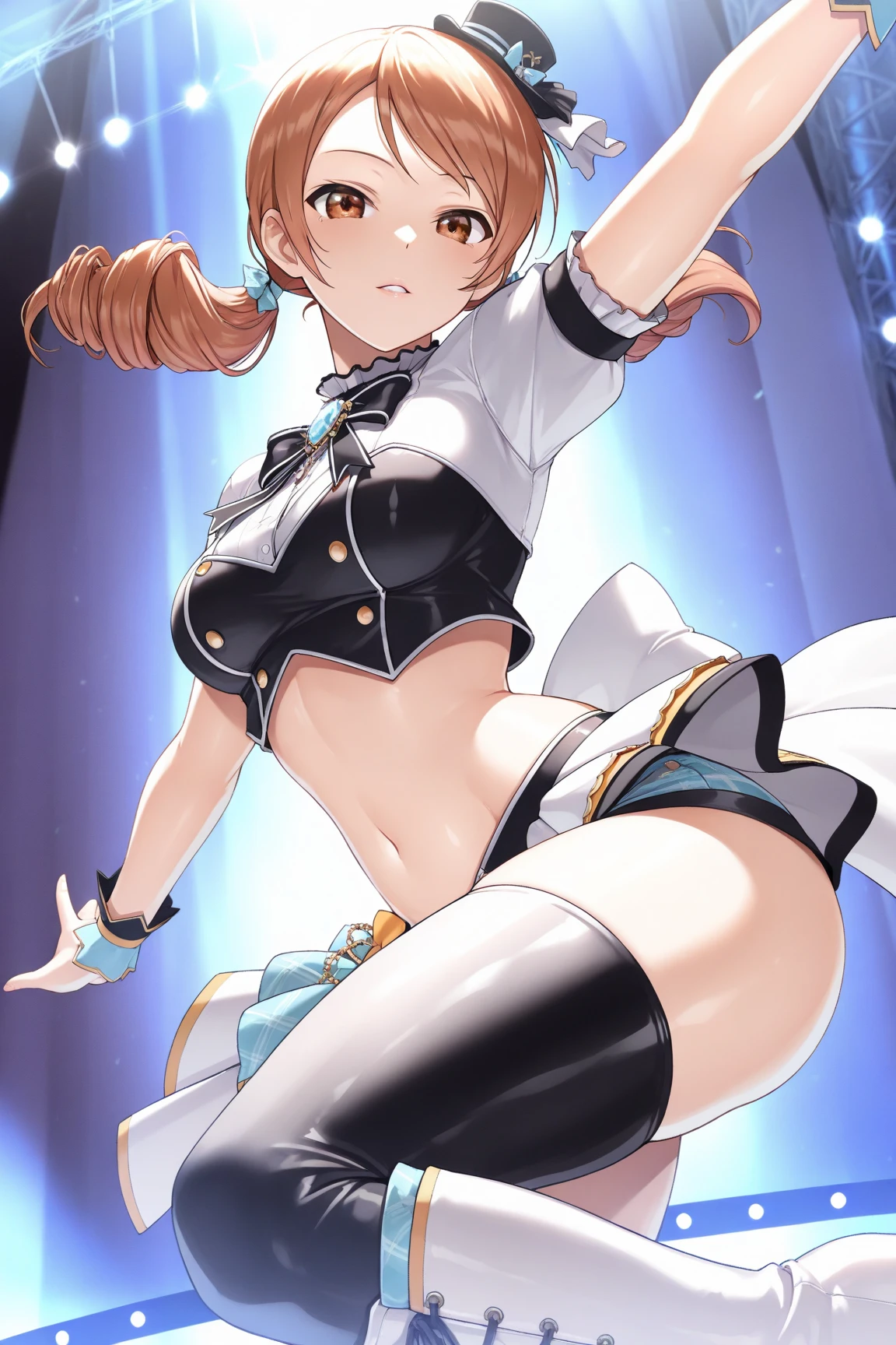 young girl wearing a crop top and a white skirt lifts her skirt a little bit so you can see her panties --auto --s2