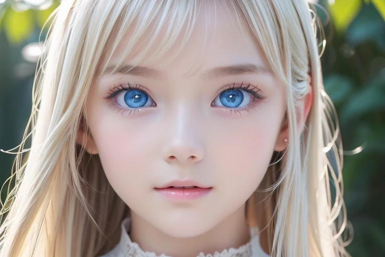 Beautiful white and shining skin、Blonde hair that changes color depending on the light、Bangs between the eyes obstruct vision、Shiny highlights on the cheeks、Sexy and very beautiful nice cute gorgeous face、The most beautiful face in the world、Super long gorgeous spare blonde hair、Smooth straight hair、Large Breasts, Very large, bright blue eyes that sparkle beautifully、Beautiful Bangs、Beautiful cute girl.Small Face Beauty、Cheek gloss highlighter、Round face