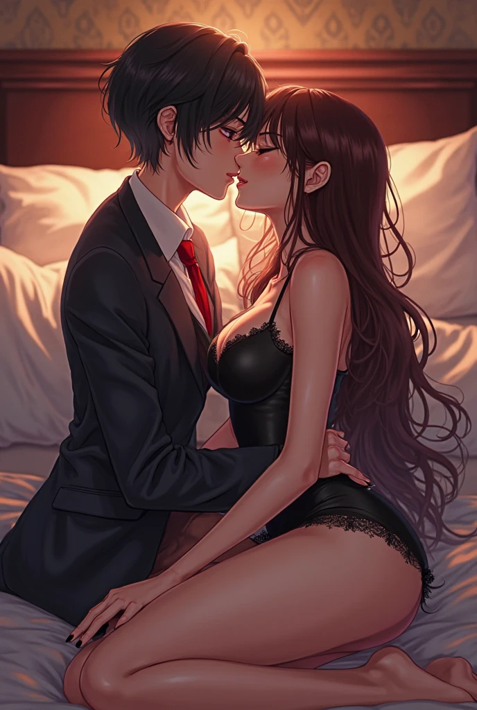 Anime woman on top of a man lying on a bed, she sitting on top of him, with white tights and black underwear