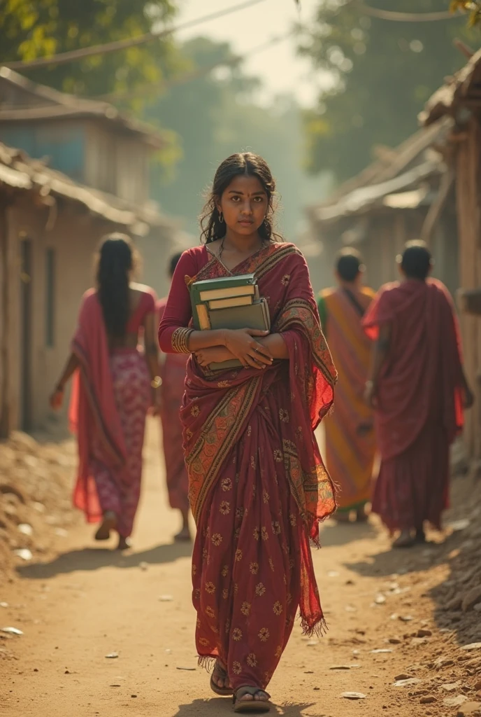 Seema, a young girl from a small rural village, is depicted with a determined expression. She has a modest appearance, wearing a simple traditional Indian outfit (salwar kameez) in earthy tones. Her hair is neatly tied back in a braid, and she carries a few old books in her hands, walking along a dusty path in her village, surrounded by humble, thatched-roof houses.