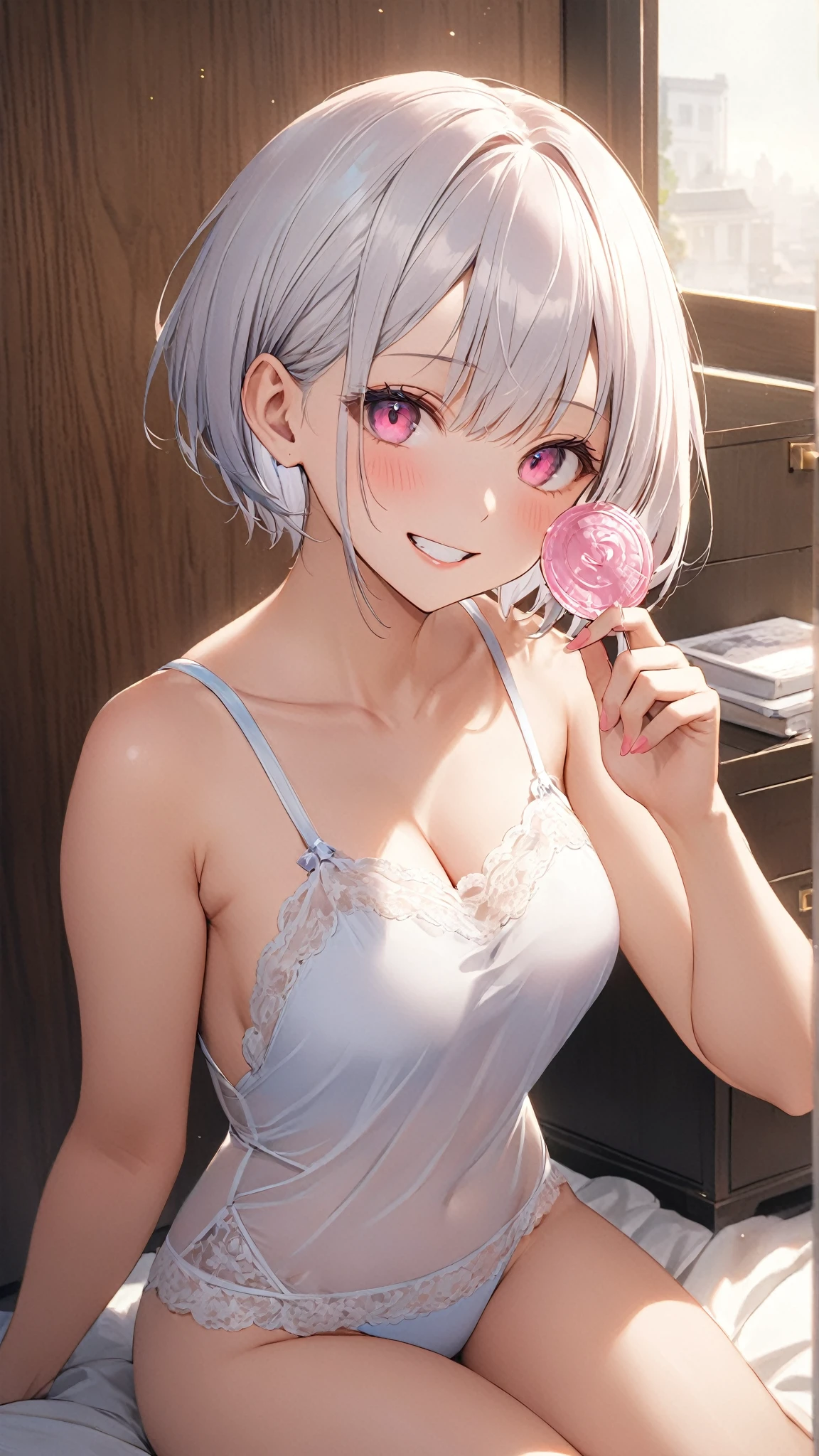 White hair. Short hair. Inner pink hair. Anime girl. Pink eyes. Glowing eyes. Nekomimi. Smilling wink. Tanktop. Small breast. Hairpin.