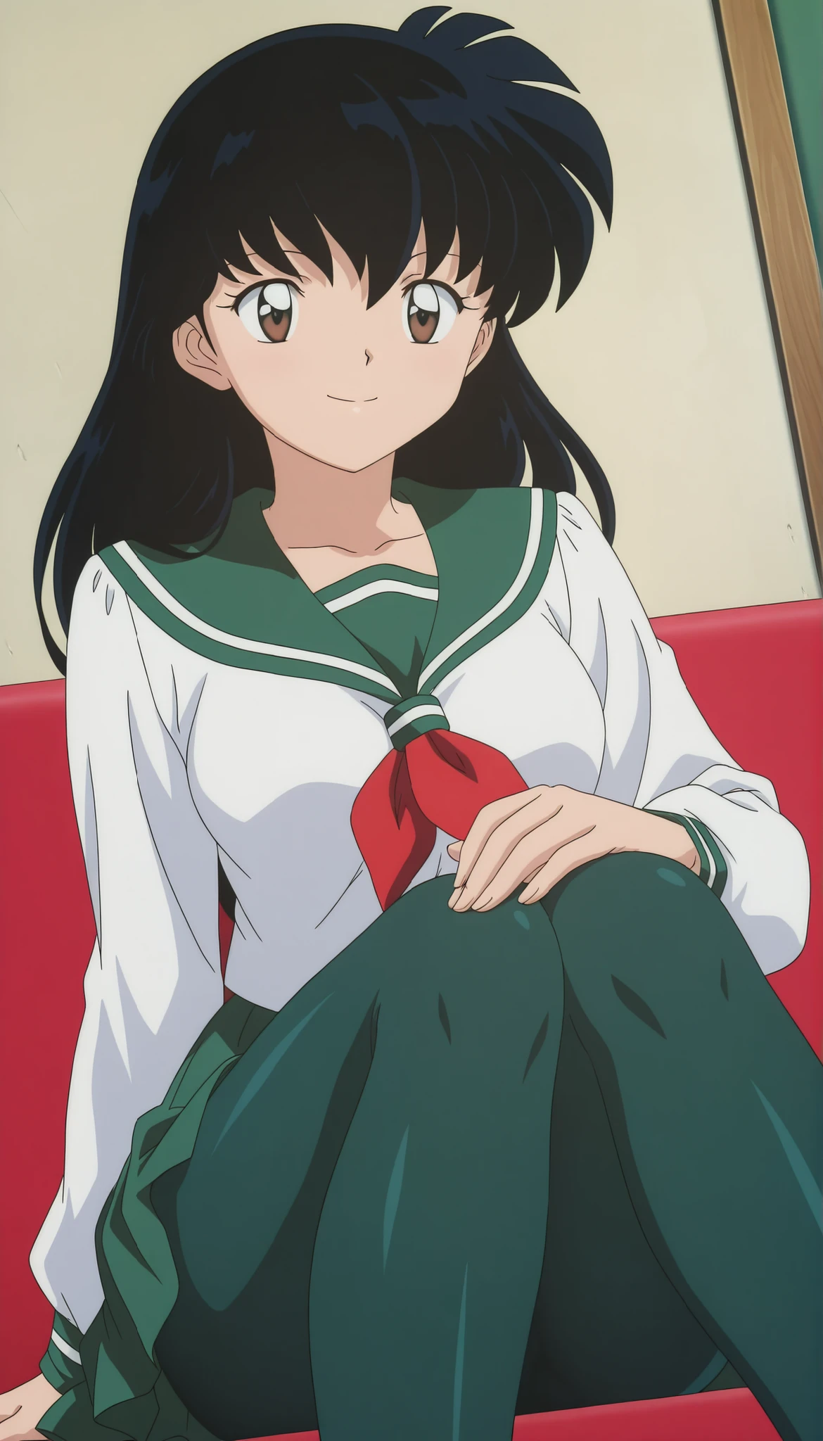  
masterpiece, best quality, very detailed, masterpiece, best quality,  eyelashes, (Beautiful Eyes), cowboy shot
Higurashi Kagome,   black hair , brown eyes ,
uniform ,  long sleeve , green tights Spandex ,   green skirt ,  red neckerchief , , ,
 solo ,anime,  Official Illustration ,  medium Breasts, smile, happy, medium Breasts, 
 Raise your hand, soft thighs , sitting, hugging knees, thicc thighs , from below 
