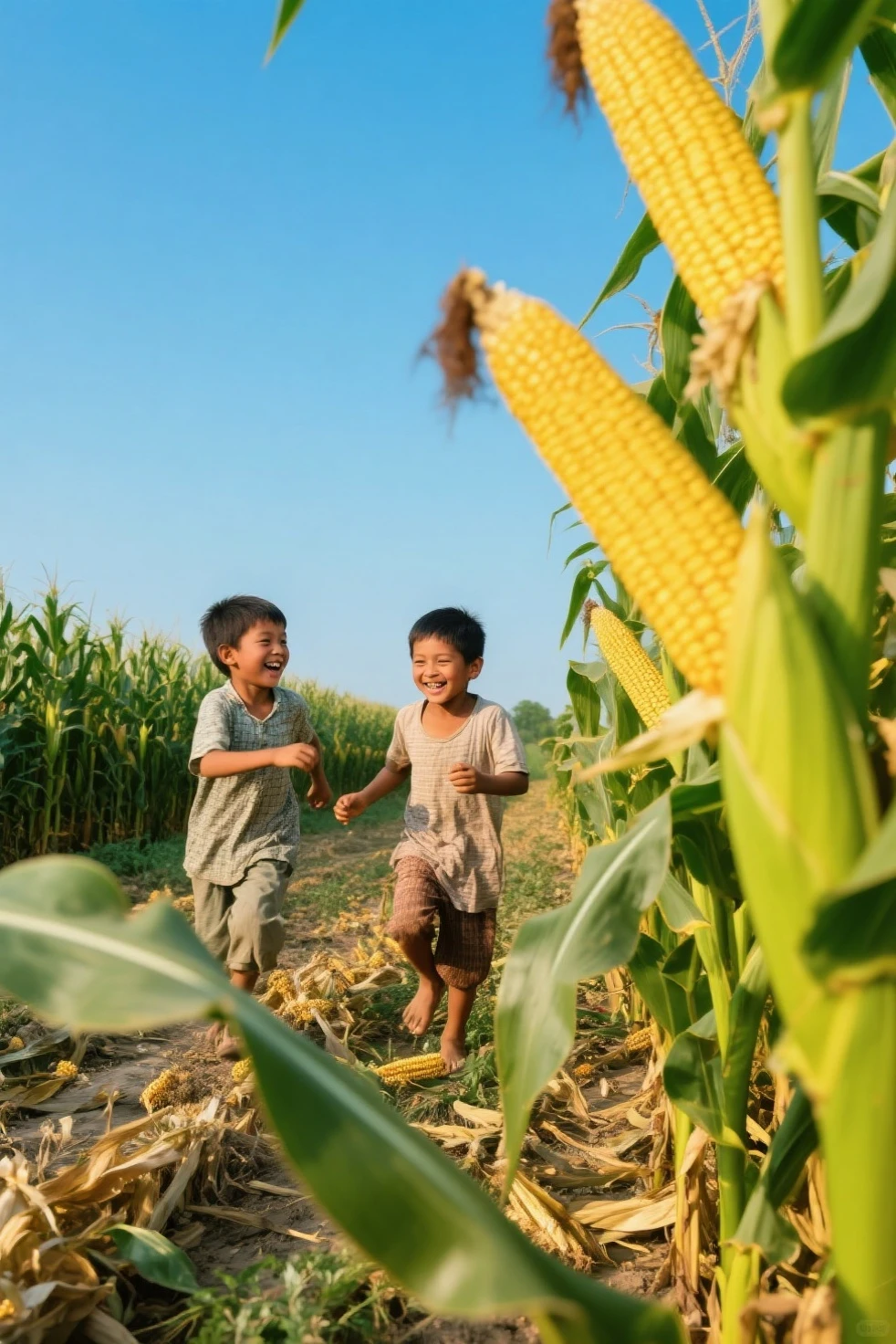 A boy running with a sugar cane zipper under his arm, side view, sugar cane. 