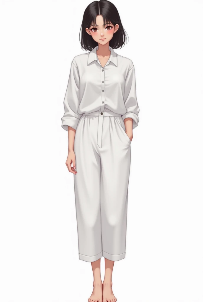 one girl, cute, stand up, happy, Cotton Pajamas Pants, maquiagem, Lips are soft or colored, fundo simples, sexy, erotic, stand up, postura ereta, provocante, surprised facial expression, simple lighting and texture, begie background, feet, school