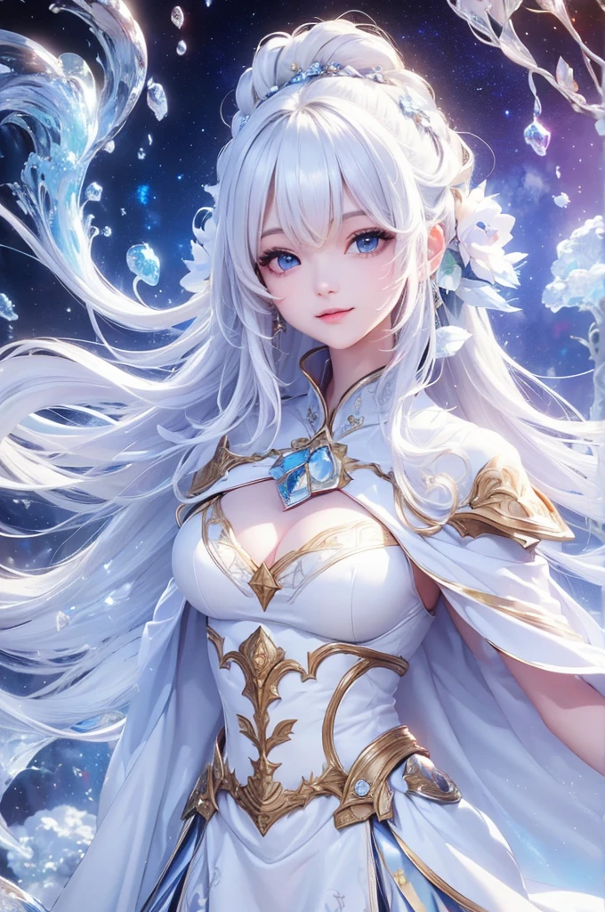 pixiv contest winners, fantasy art, White-haired God, beautiful figure painting, Gouves style artwork, Nvxue’s dazzling gaze, guweiz, long white hair, flowing hair and gown, cute big eyes, illustration, fine lines, Dark