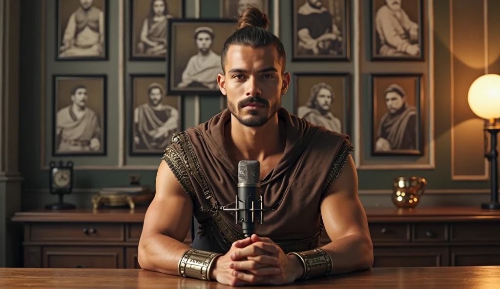 Young man tall handsome toned with shoulder-length hair of reddish brown color, wearing a black shirt and pants, leather huaraches, a gold bracelet on his biceps, a palladium crown adorned with amber crystals surrounded by red carnations with white on a hill next to the sea