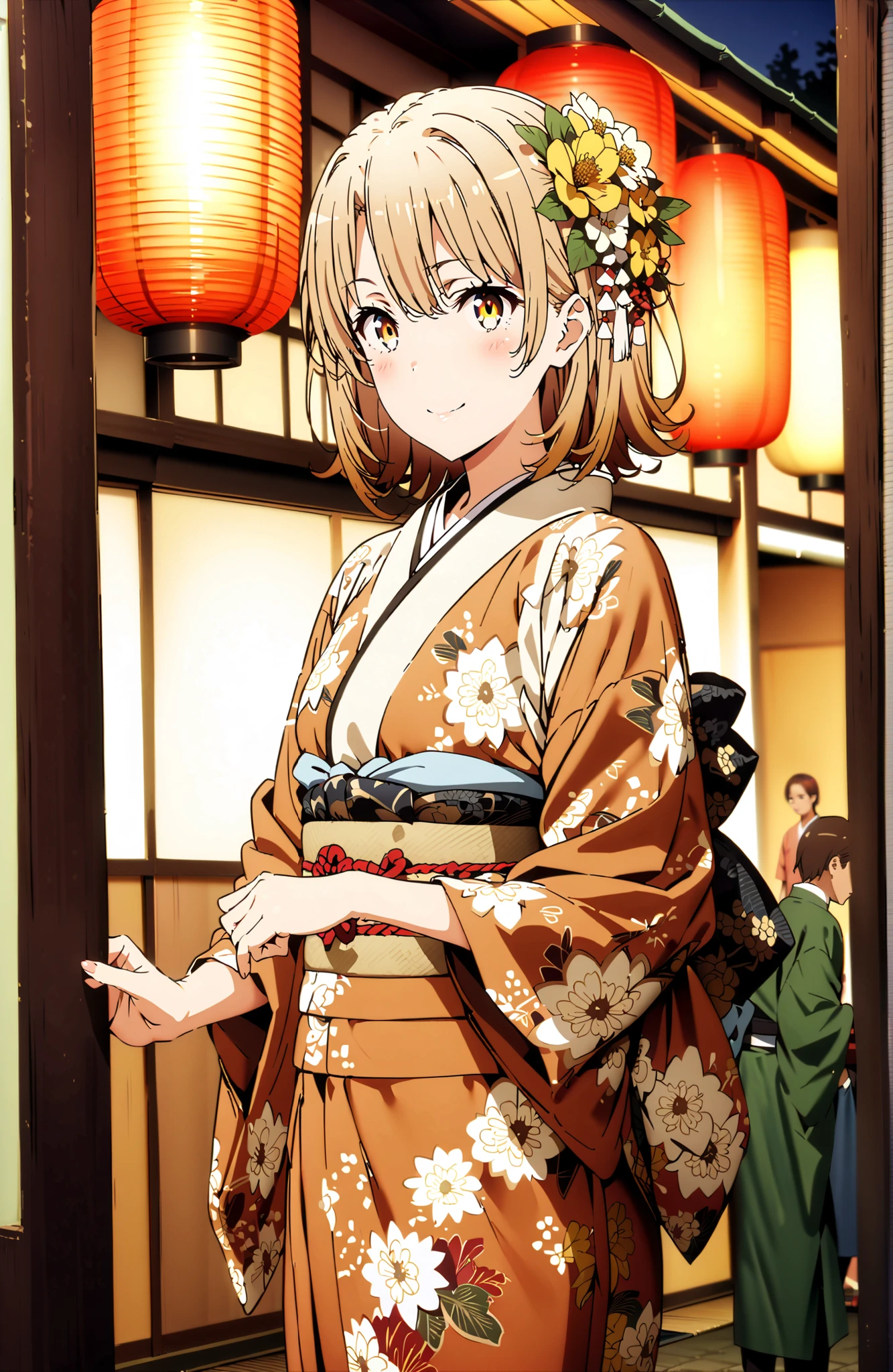 score_9, score_8_up, score_7_up, source_anime,
Iroha Isshiki, short hair, brown hair, brown eyes in the bedroom,flower hair ornament with ears,Yellow flower pattern kimono ,smile,blush,mouth,Light up fireworks,Red Lantern,Japanese stalls ,standing,night,in their 40s outdoors, Japanese Festival,
in their 40s looking at viewer,full body,
in their 40s (masterpiece:1.2), best quality, high resolution, Unity 8Kの壁紙, ( 's art :0.8), (beautiful detailed eyes:1.6), very detailed face, perfect lighting, Highly Detailed CG, (perfect hand in h, Completed),