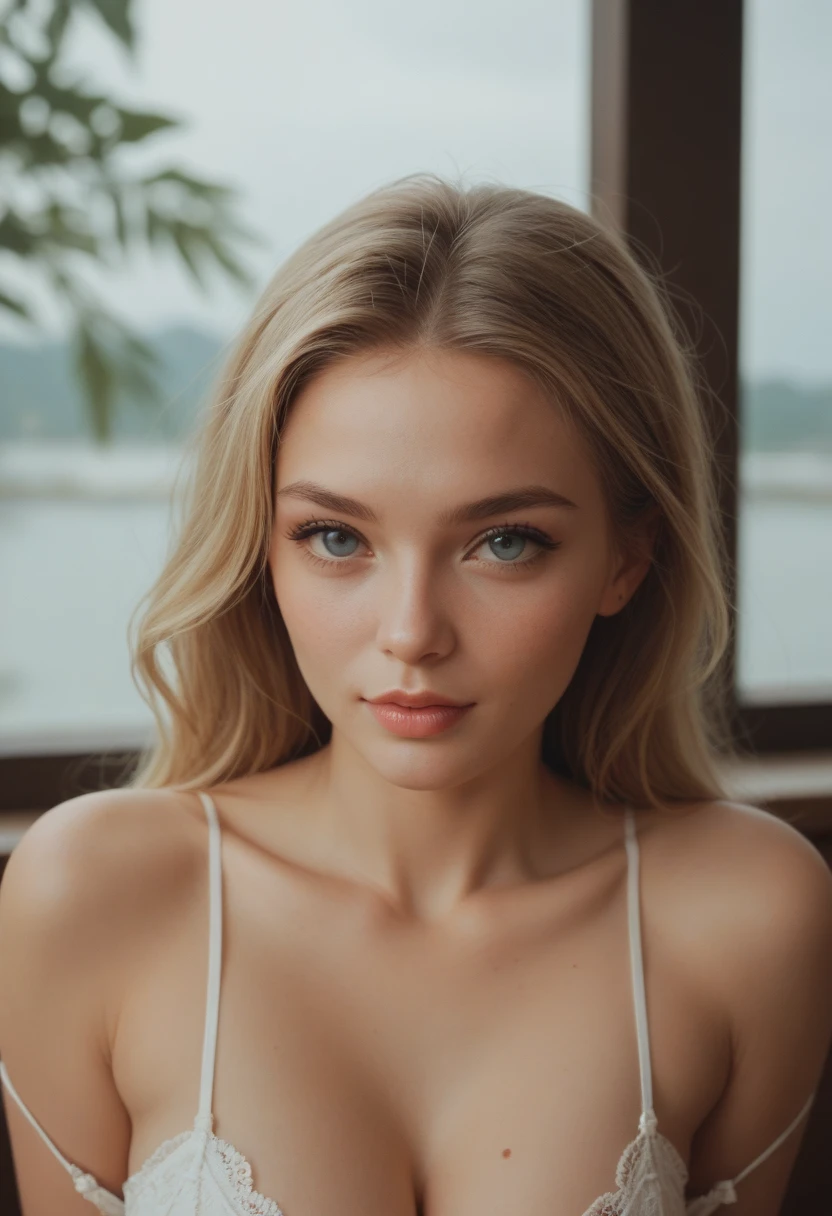 Sexy woman, 20 years old, Slim, sport, shiny tanned skin, gigantic cleavage breasts, Narrow waist, curly blond hair, Red Lingeri, Realistic, Photography, realisitic, Natural. pool-side