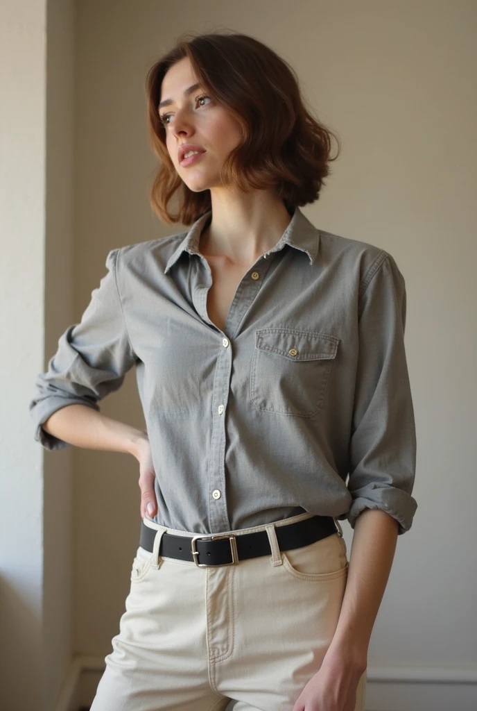 Freya Ridings wearing a gray long sleeve shirt tucked in with beige belted pants smiling